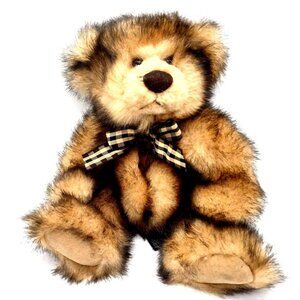 Madison Plush Bear Russ Berrie Faux Mink Checkered Ribbon Stuffed Animal 10"